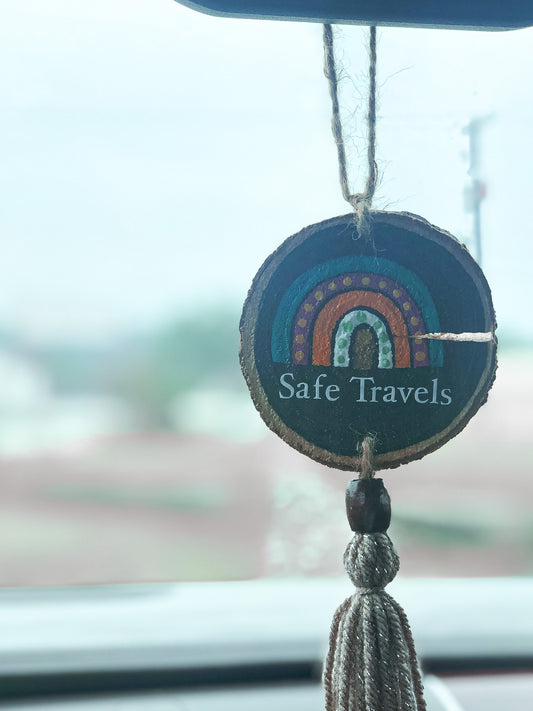 Safe Travels Car Charm | Rainbow Rear View Mirror Car Charm